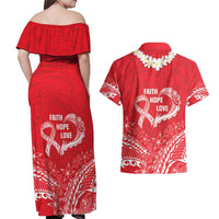 Heart Health Awareness Couples Matching Off Shoulder Maxi Dress and Hawaiian Shirt Polynesian Red Ribbon