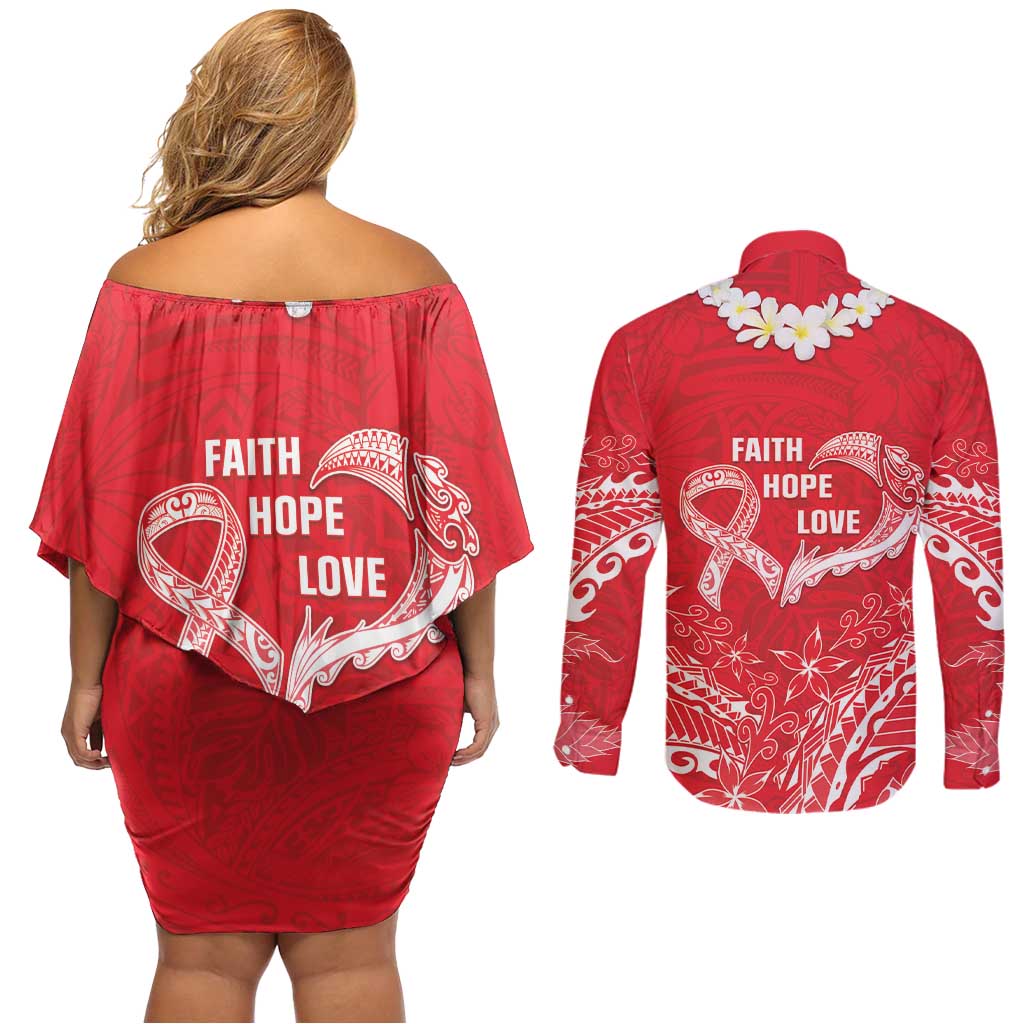 Heart Health Awareness Couples Matching Off Shoulder Short Dress and Long Sleeve Button Shirt Polynesian Red Ribbon