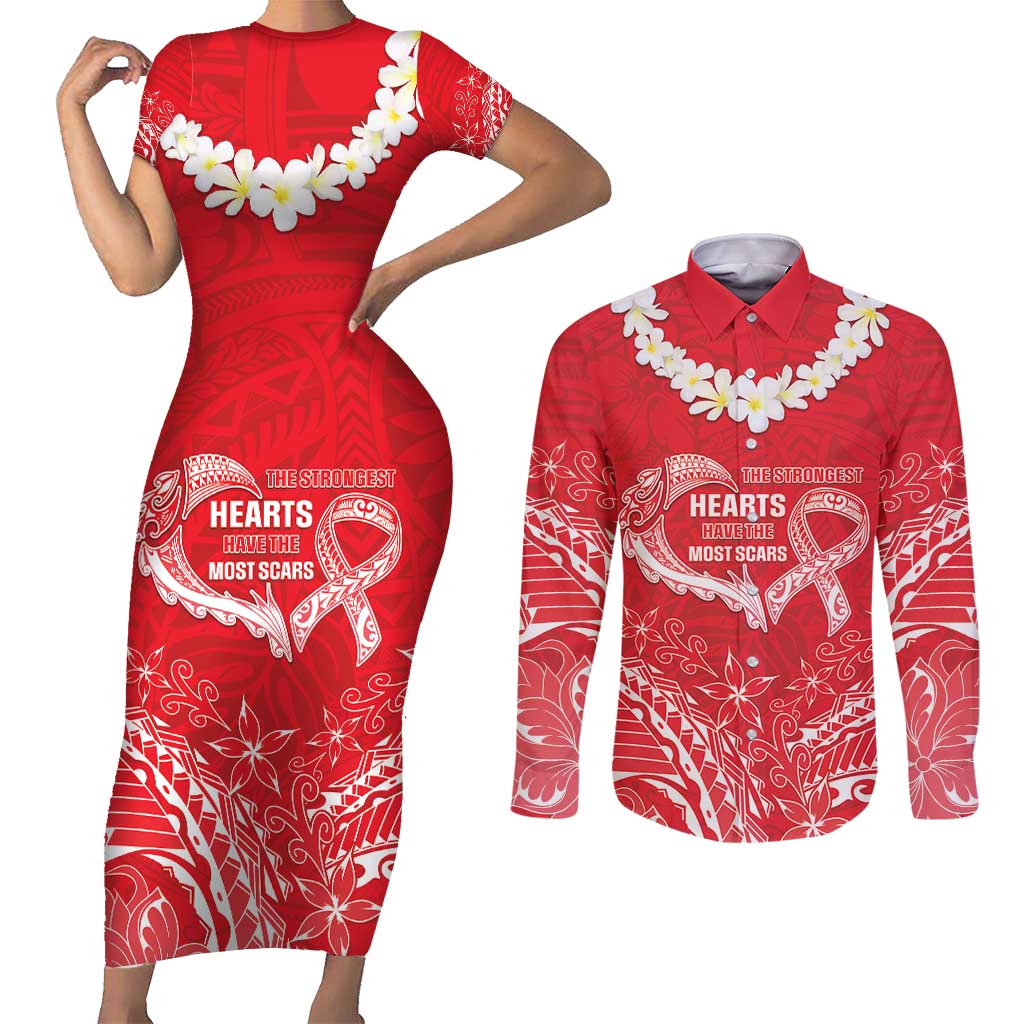 Heart Health Awareness Couples Matching Short Sleeve Bodycon Dress and Long Sleeve Button Shirt Polynesian Red Ribbon