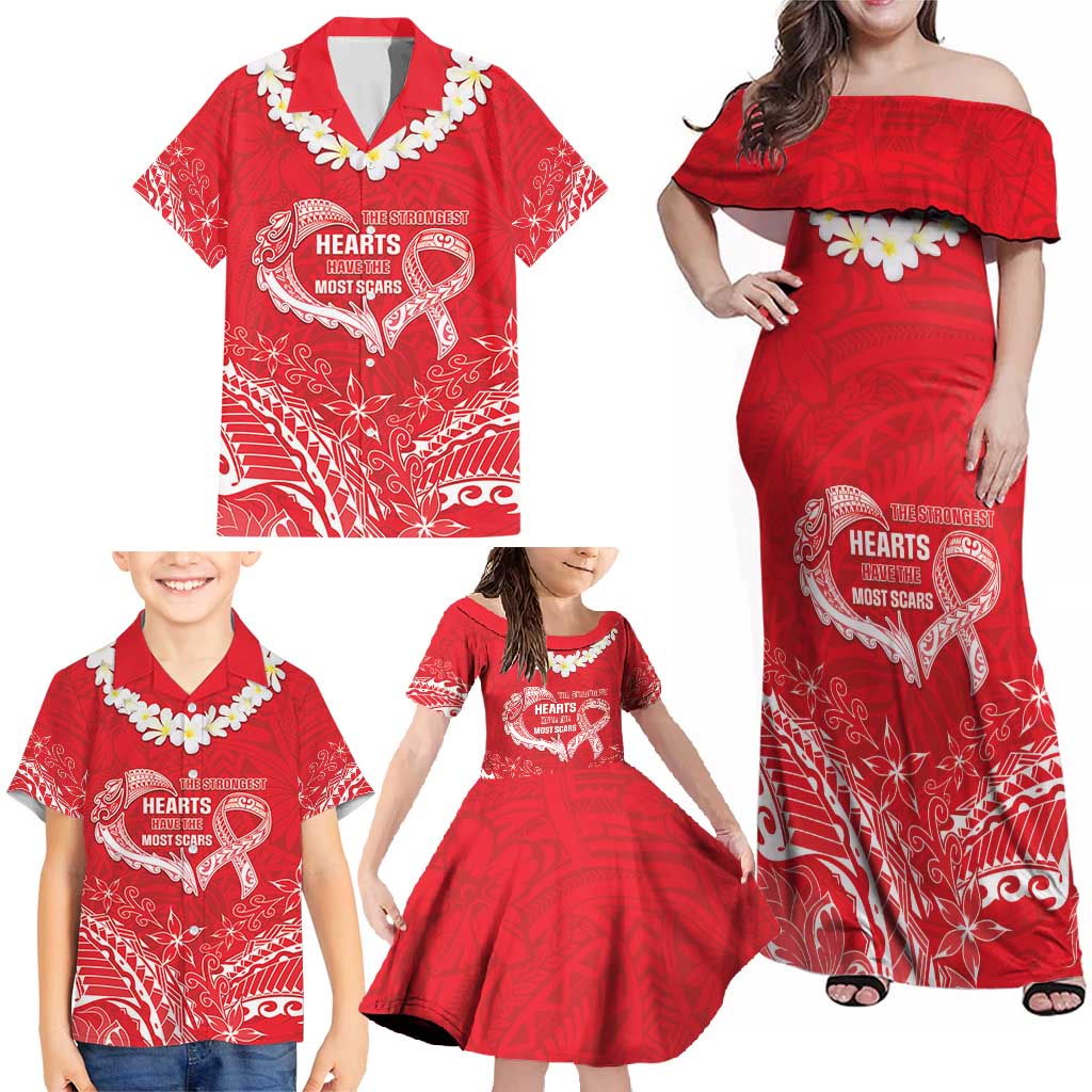 Heart Health Awareness Family Matching Off Shoulder Maxi Dress and Hawaiian Shirt Polynesian Red Ribbon LT05 - Polynesian Pride