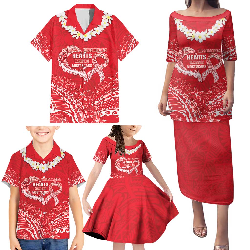 Heart Health Awareness Family Matching Puletasi and Hawaiian Shirt Polynesian Red Ribbon