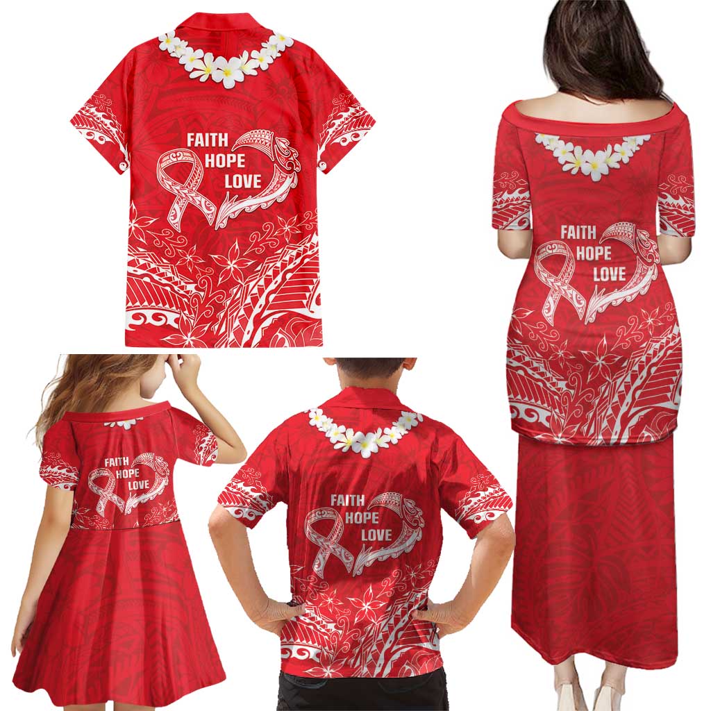 Heart Health Awareness Family Matching Puletasi and Hawaiian Shirt Polynesian Red Ribbon