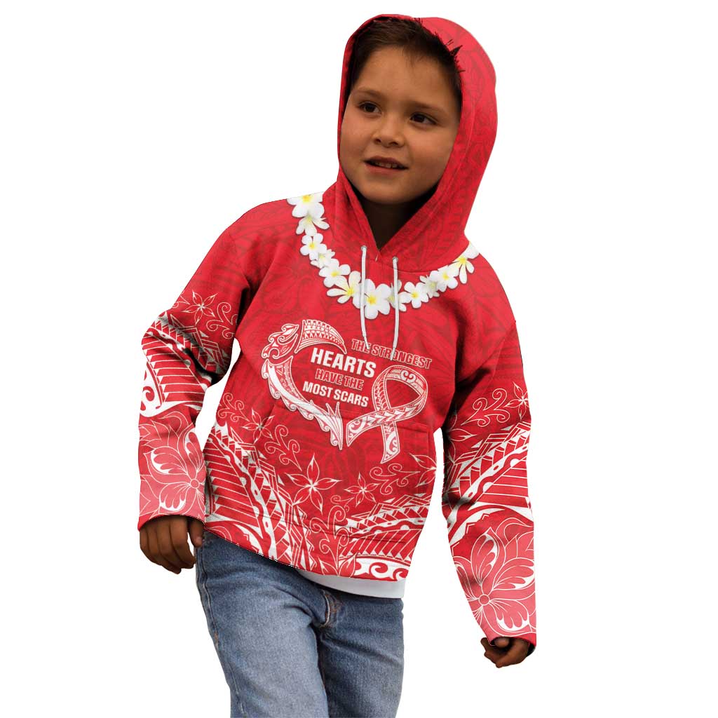 Heart Health Awareness Kid Hoodie Polynesian Red Ribbon