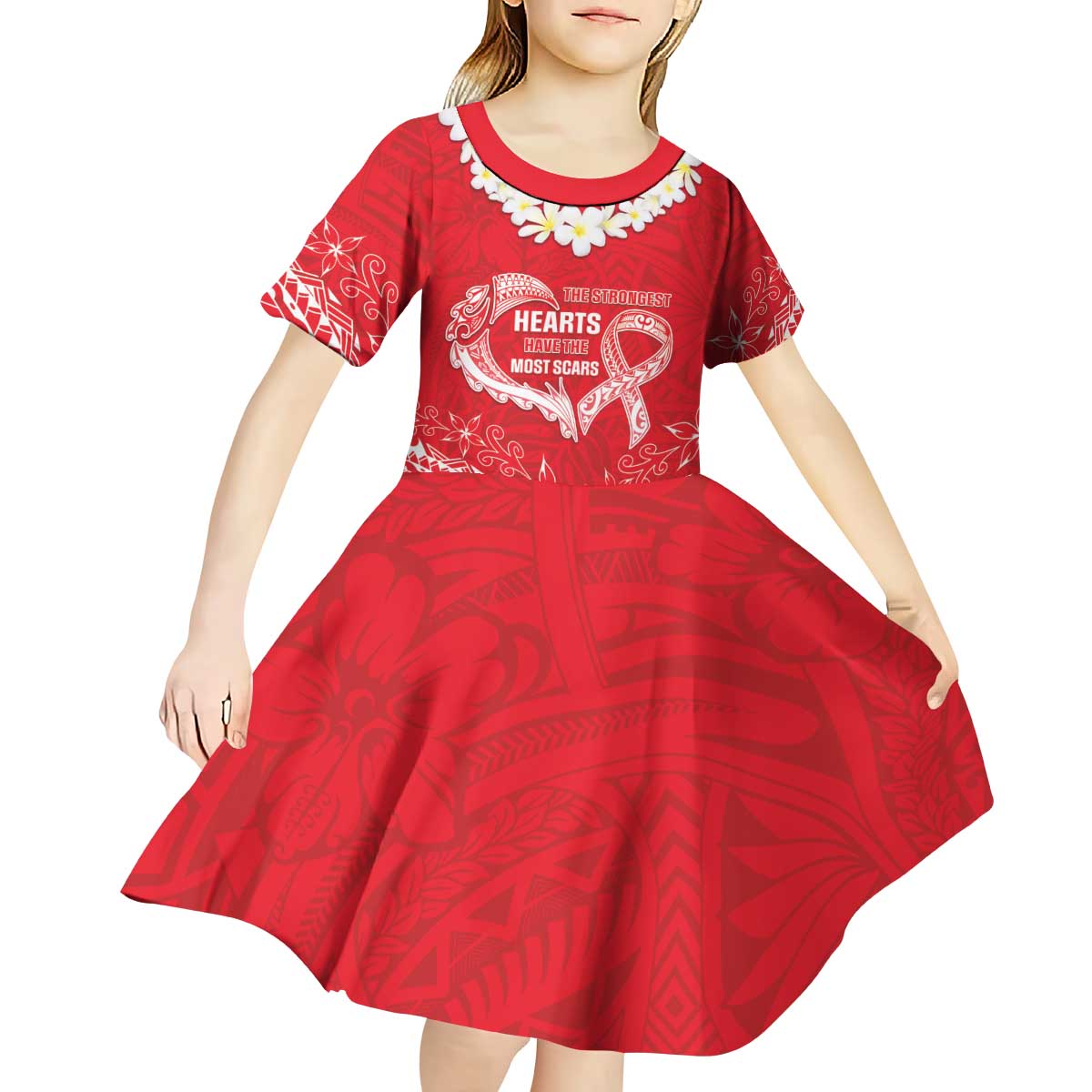 Heart Health Awareness Kid Short Sleeve Dress Polynesian Red Ribbon