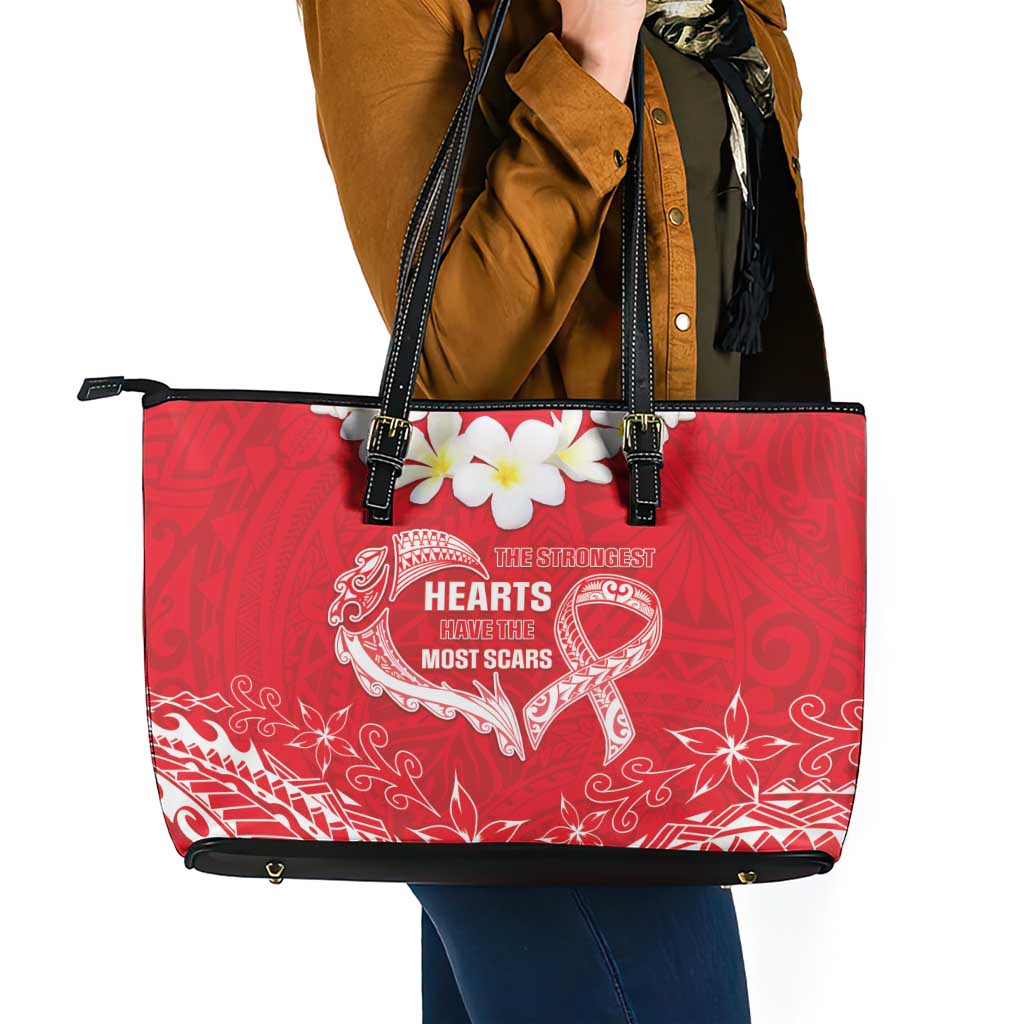 Heart Health Awareness Leather Tote Bag Polynesian Red Ribbon