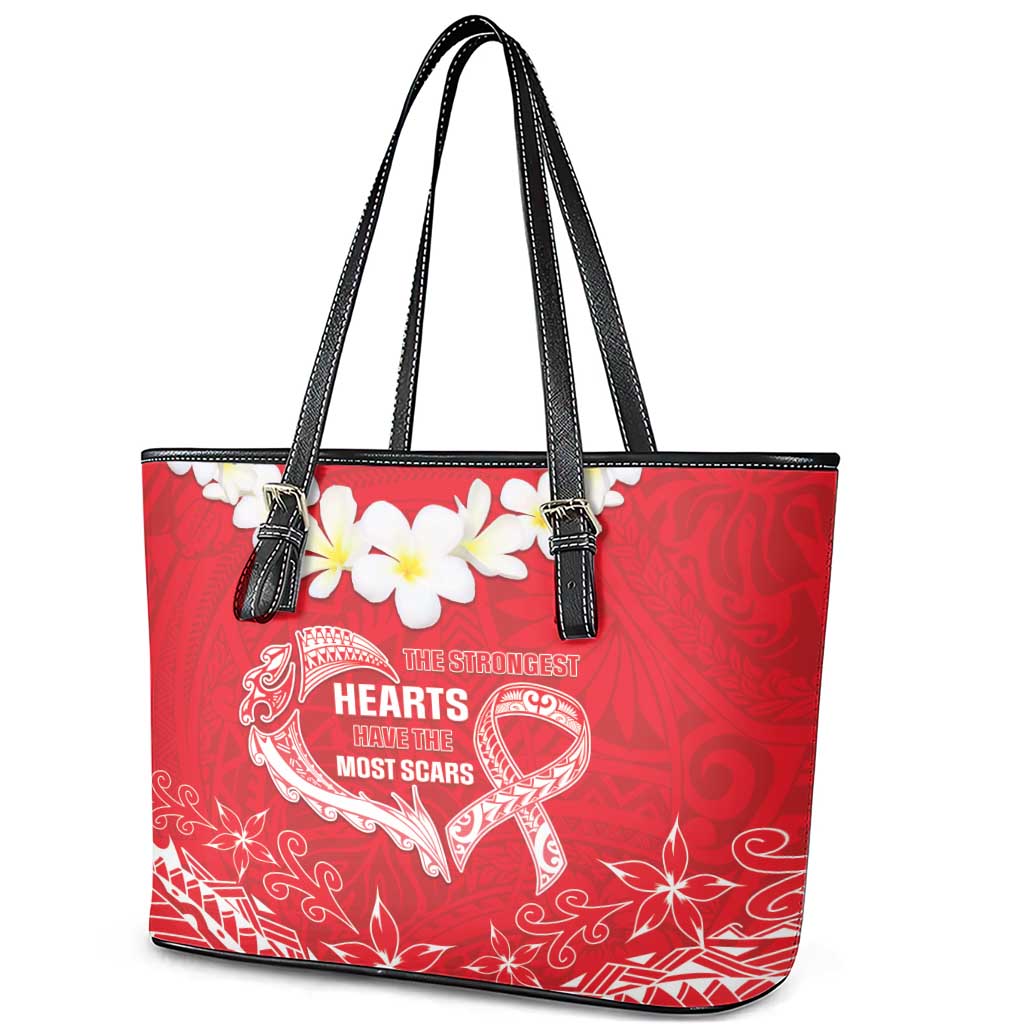 Heart Health Awareness Leather Tote Bag Polynesian Red Ribbon