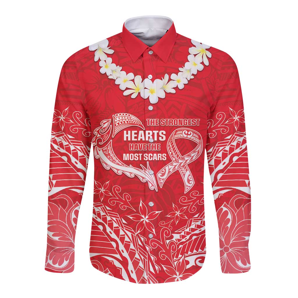 Heart Health Awareness Long Sleeve Button Shirt Polynesian Red Ribbon