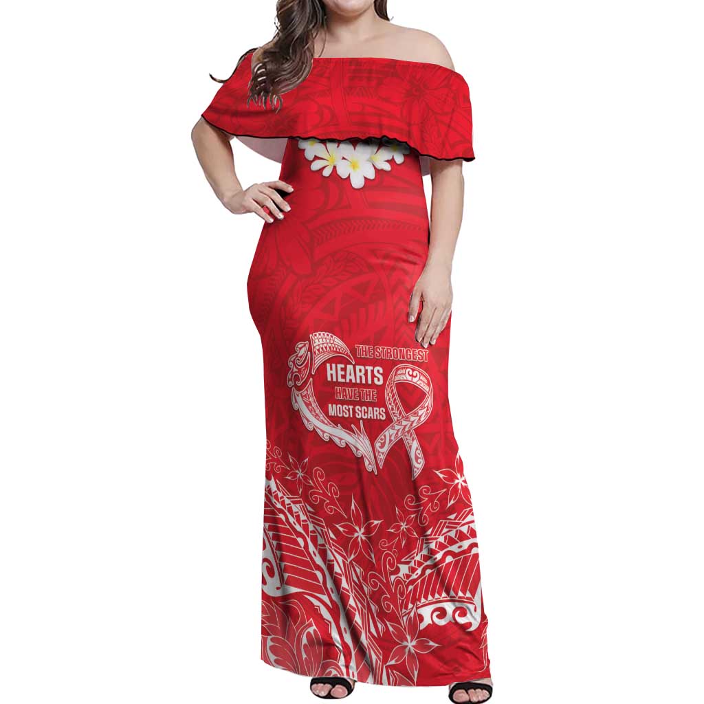 Heart Health Awareness Off Shoulder Maxi Dress Polynesian Red Ribbon