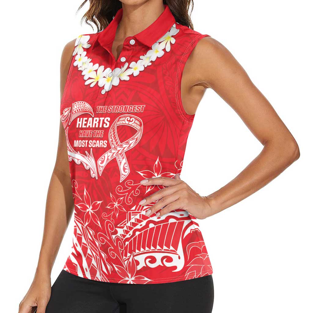 Heart Health Awareness Women Sleeveless Polo Shirt Polynesian Red Ribbon