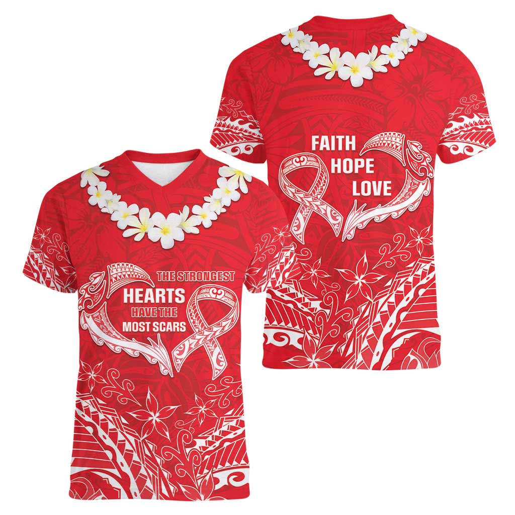 Heart Health Awareness Women V-Neck T-Shirt Polynesian Red Ribbon