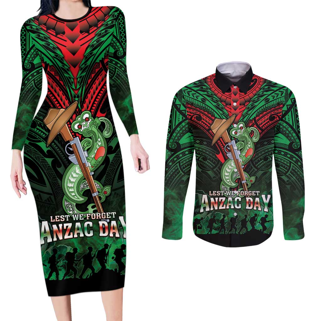 New Zealand ANZAC Day Couples Matching Long Sleeve Bodycon Dress and Long Sleeve Button Shirt Aotearoa Hei Tiki LT05 Green - Polynesian Pride