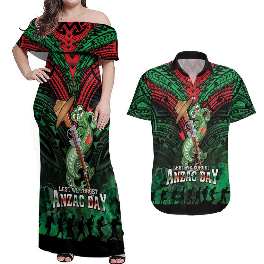 New Zealand ANZAC Day Couples Matching Off Shoulder Maxi Dress and Hawaiian Shirt Aotearoa Hei Tiki LT05 Green - Polynesian Pride