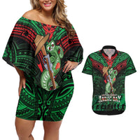 New Zealand ANZAC Day Couples Matching Off Shoulder Short Dress and Hawaiian Shirt Aotearoa Hei Tiki LT05 Green - Polynesian Pride