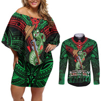 New Zealand ANZAC Day Couples Matching Off Shoulder Short Dress and Long Sleeve Button Shirt Aotearoa Hei Tiki LT05 Green - Polynesian Pride