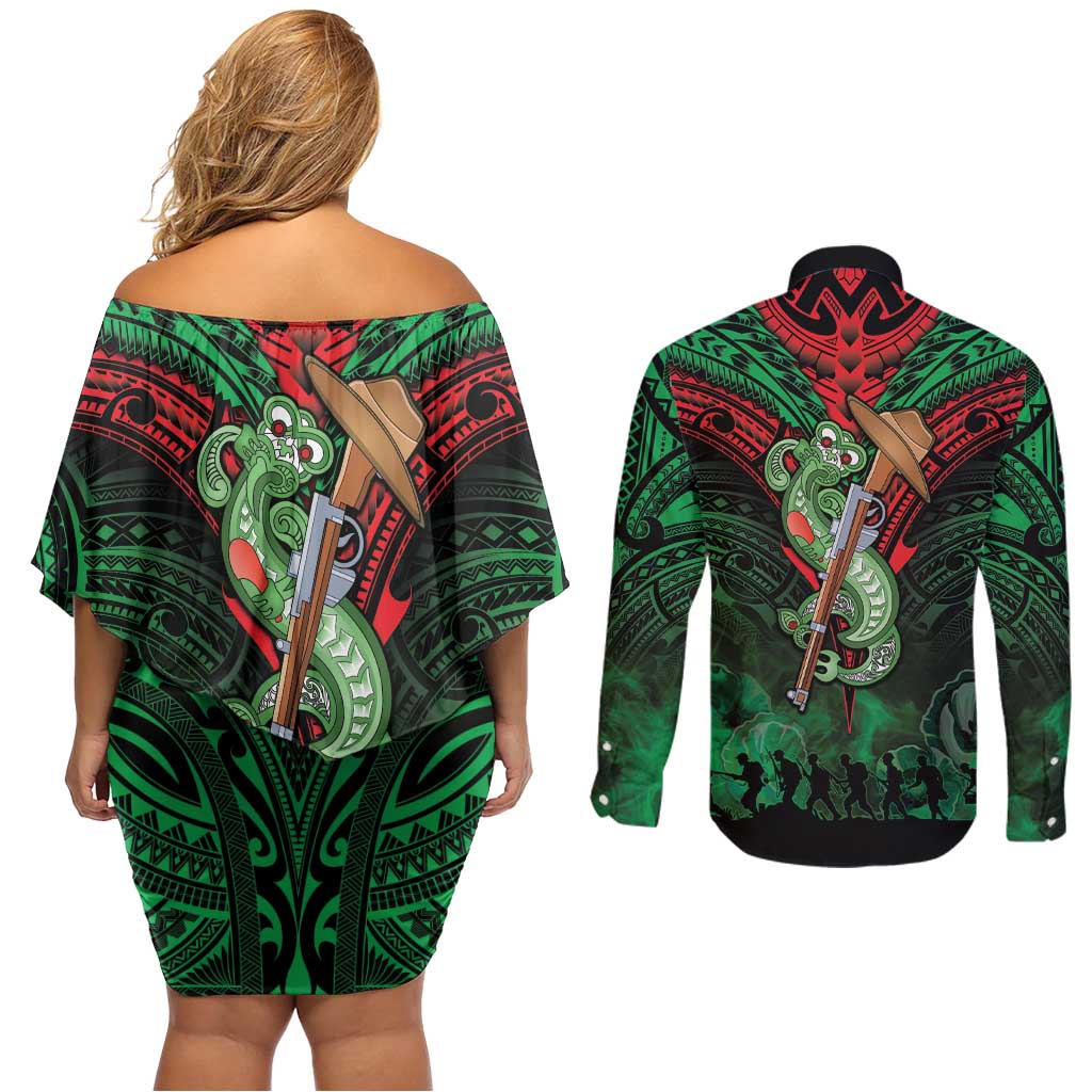 New Zealand ANZAC Day Couples Matching Off Shoulder Short Dress and Long Sleeve Button Shirt Aotearoa Hei Tiki LT05 - Polynesian Pride