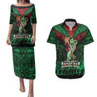 New Zealand ANZAC Day Couples Matching Puletasi and Hawaiian Shirt Aotearoa Hei Tiki LT05 Green - Polynesian Pride
