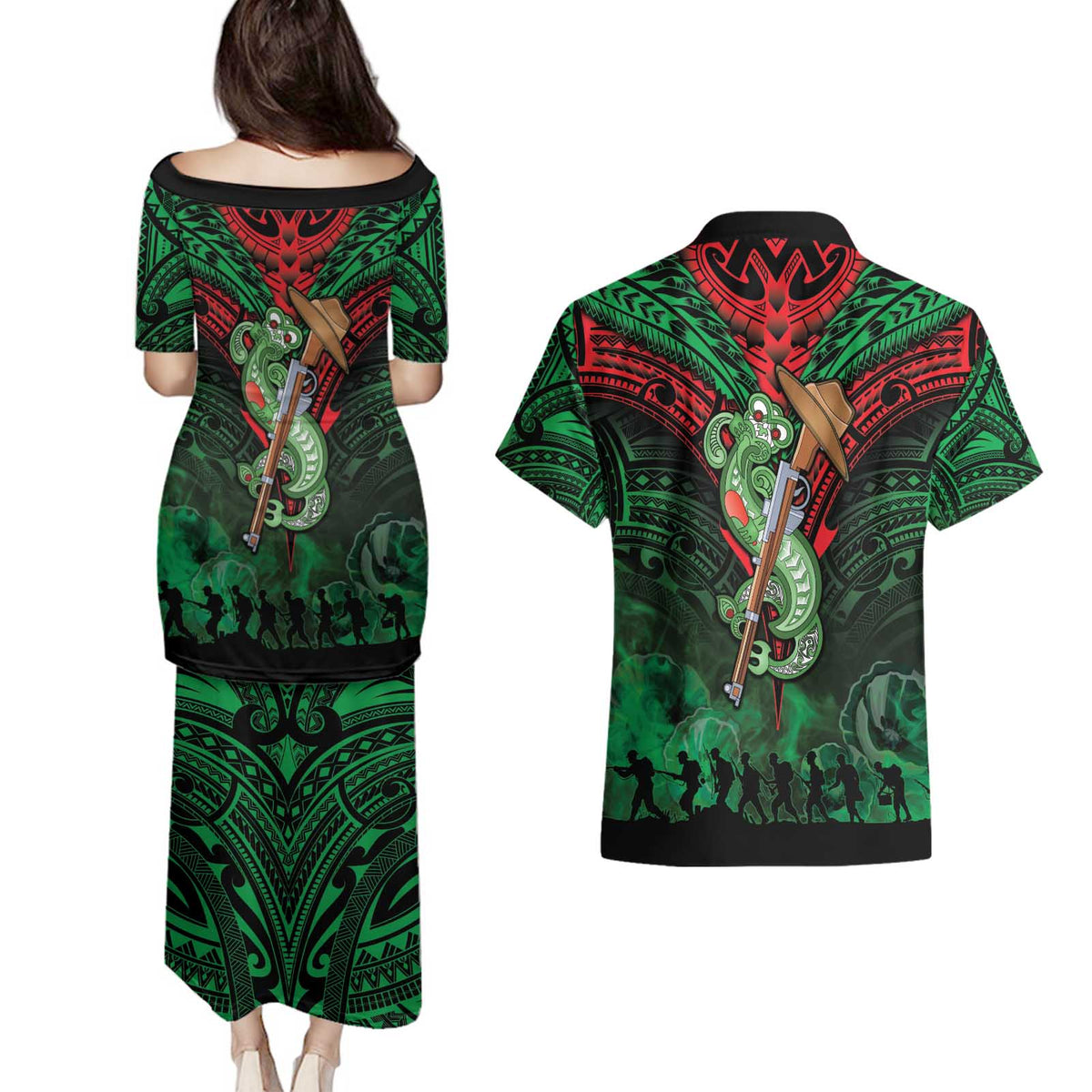 New Zealand ANZAC Day Couples Matching Puletasi and Hawaiian Shirt Aotearoa Hei Tiki LT05 - Polynesian Pride