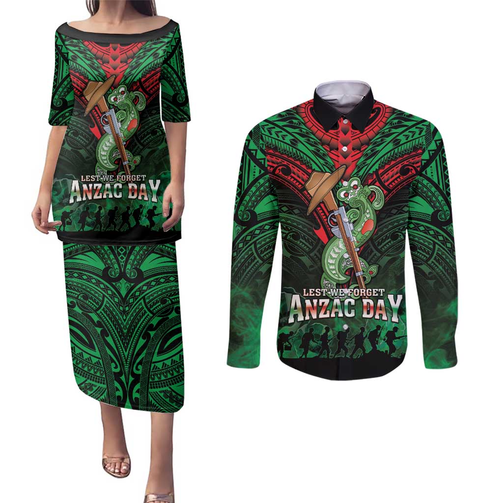 New Zealand ANZAC Day Couples Matching Puletasi and Long Sleeve Button Shirt Aotearoa Hei Tiki LT05 Green - Polynesian Pride
