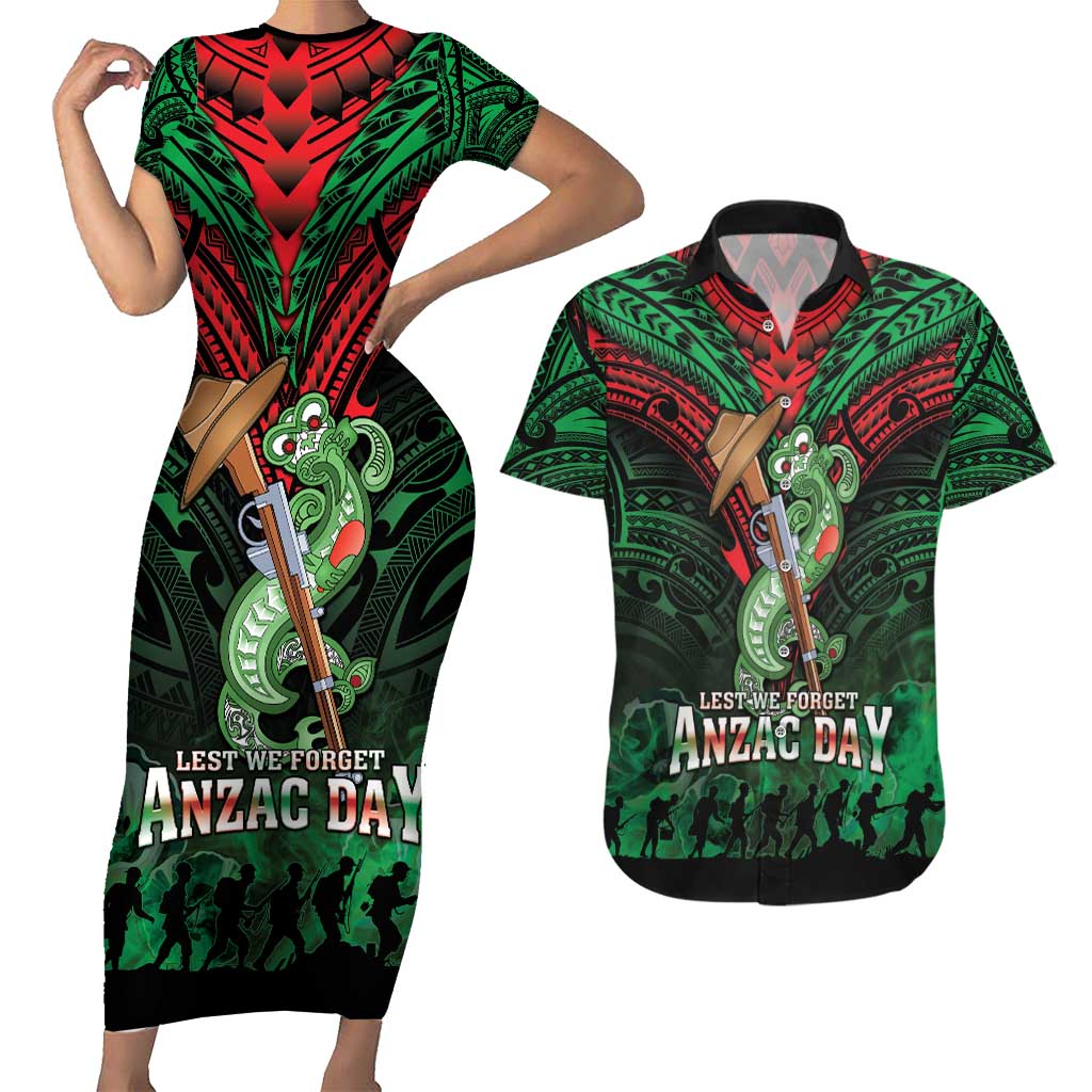 New Zealand ANZAC Day Couples Matching Short Sleeve Bodycon Dress and Hawaiian Shirt Aotearoa Hei Tiki LT05 Green - Polynesian Pride