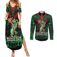 New Zealand ANZAC Day Couples Matching Summer Maxi Dress and Long Sleeve Button Shirt Aotearoa Hei Tiki LT05 Green - Polynesian Pride