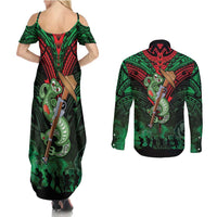New Zealand ANZAC Day Couples Matching Summer Maxi Dress and Long Sleeve Button Shirt Aotearoa Hei Tiki LT05 - Polynesian Pride