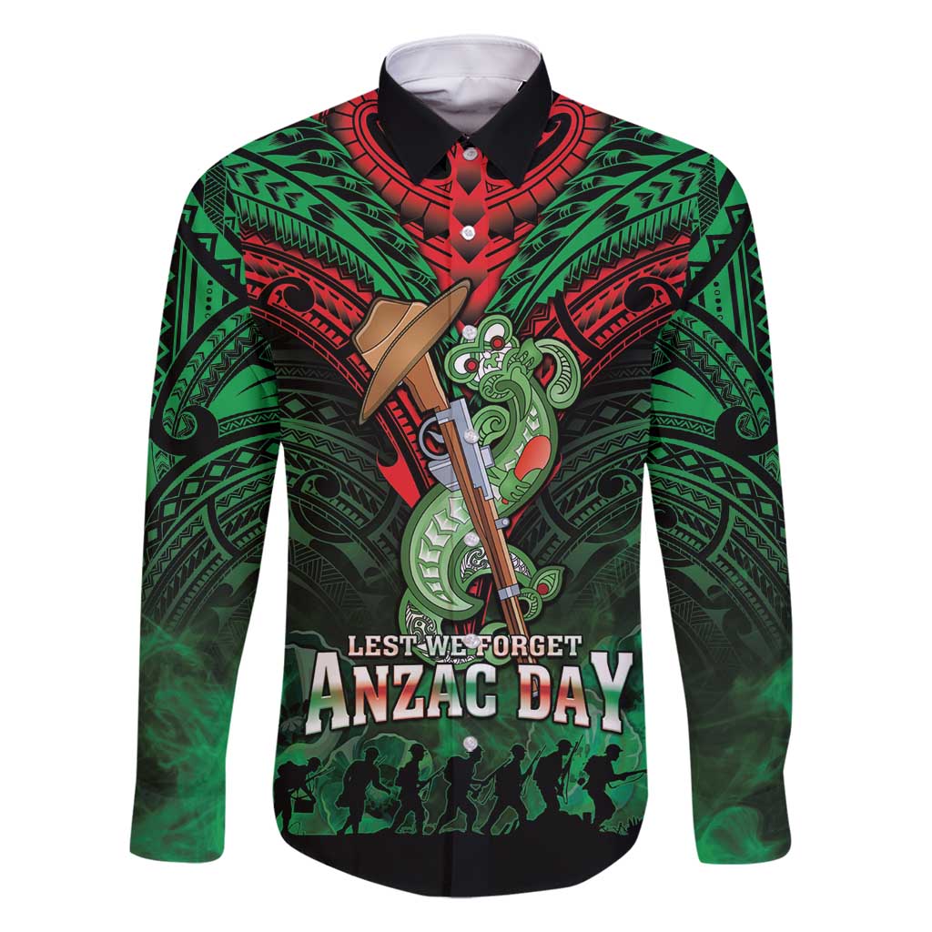New Zealand ANZAC Day Family Matching Mermaid Dress and Hawaiian Shirt Aotearoa Hei Tiki LT05 Dad's Shirt - Long Sleeve Green - Polynesian Pride
