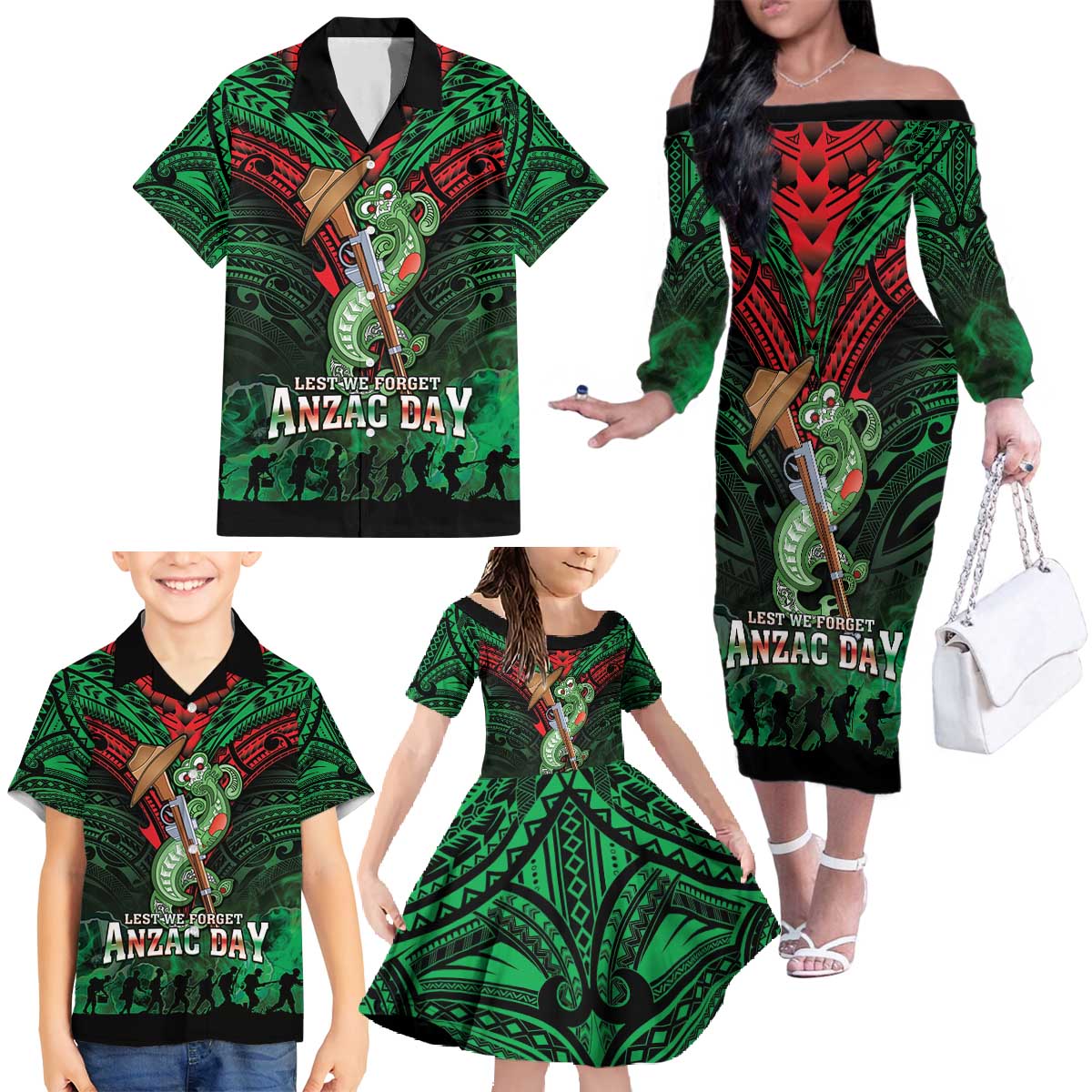New Zealand ANZAC Day Family Matching Off The Shoulder Long Sleeve Dress and Hawaiian Shirt Aotearoa Hei Tiki LT05 - Polynesian Pride