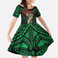 New Zealand ANZAC Day Family Matching Off Shoulder Maxi Dress and Hawaiian Shirt Aotearoa Hei Tiki LT05 Daughter's Dress Green - Polynesian Pride