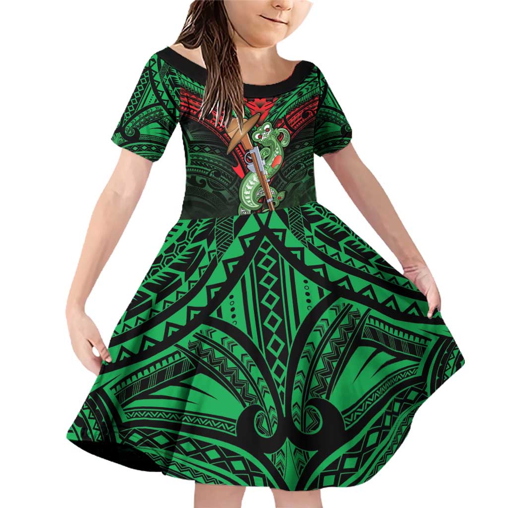 New Zealand ANZAC Day Family Matching Off Shoulder Short Dress and Hawaiian Shirt Aotearoa Hei Tiki LT05 Daughter's Dress Green - Polynesian Pride