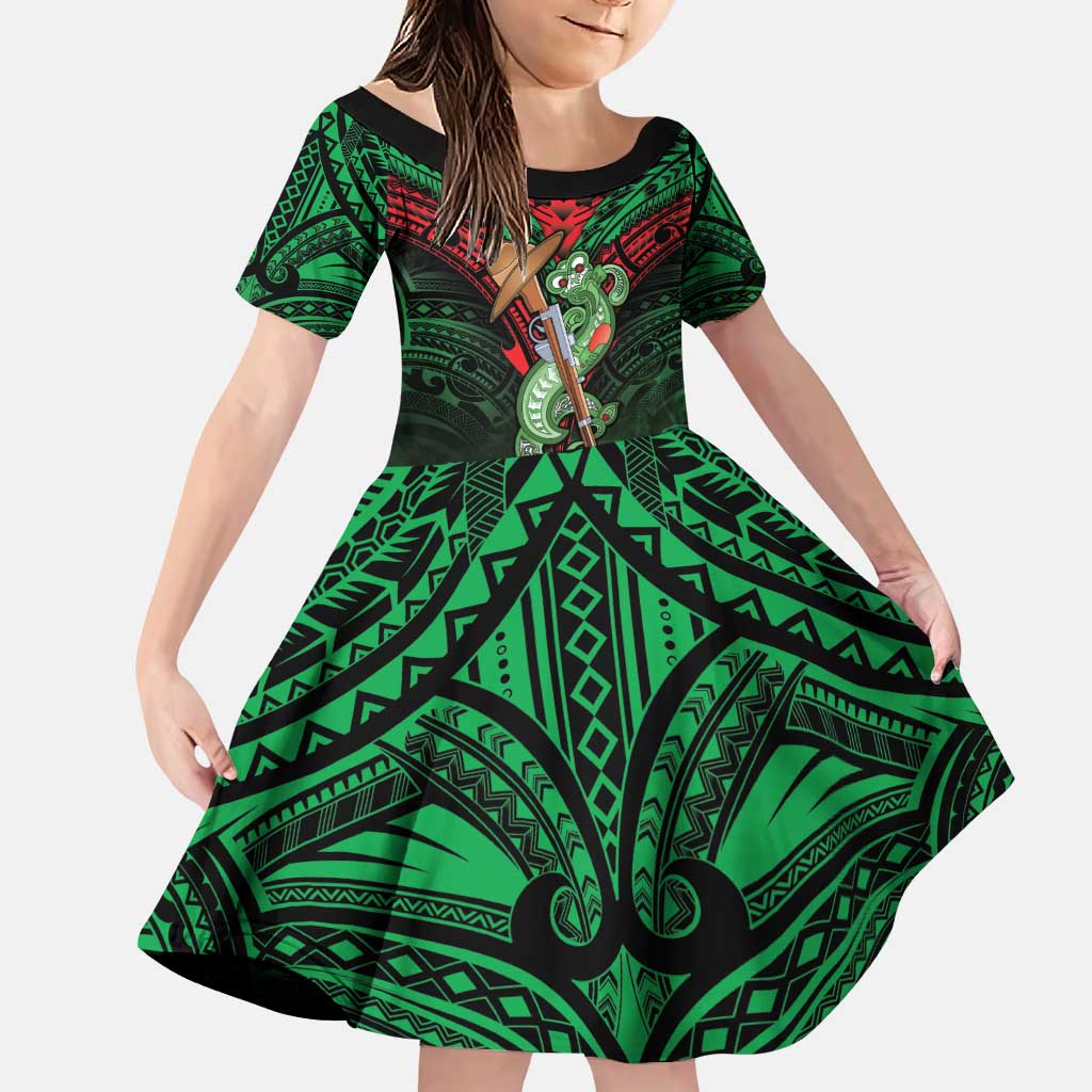 New Zealand ANZAC Day Family Matching Puletasi and Hawaiian Shirt Aotearoa Hei Tiki LT05 Daughter's Dress Green - Polynesian Pride