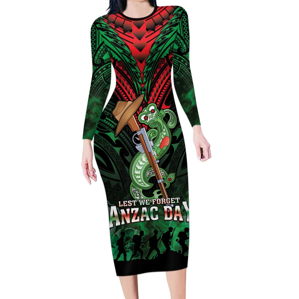 New Zealand ANZAC Day Long Sleeve Bodycon Dress Aotearoa Hei Tiki LT05 Long Dress Green - Polynesian Pride