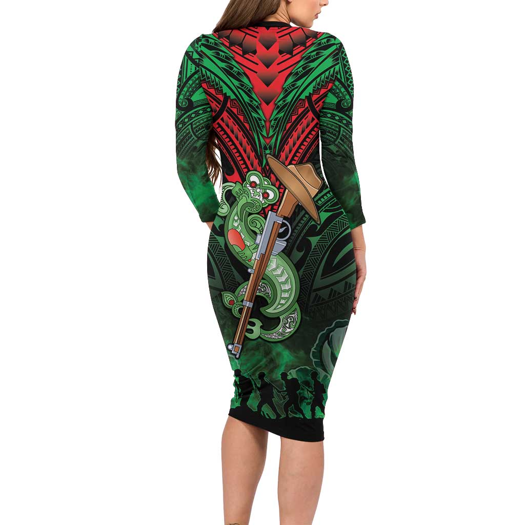 New Zealand ANZAC Day Long Sleeve Bodycon Dress Aotearoa Hei Tiki LT05 - Polynesian Pride