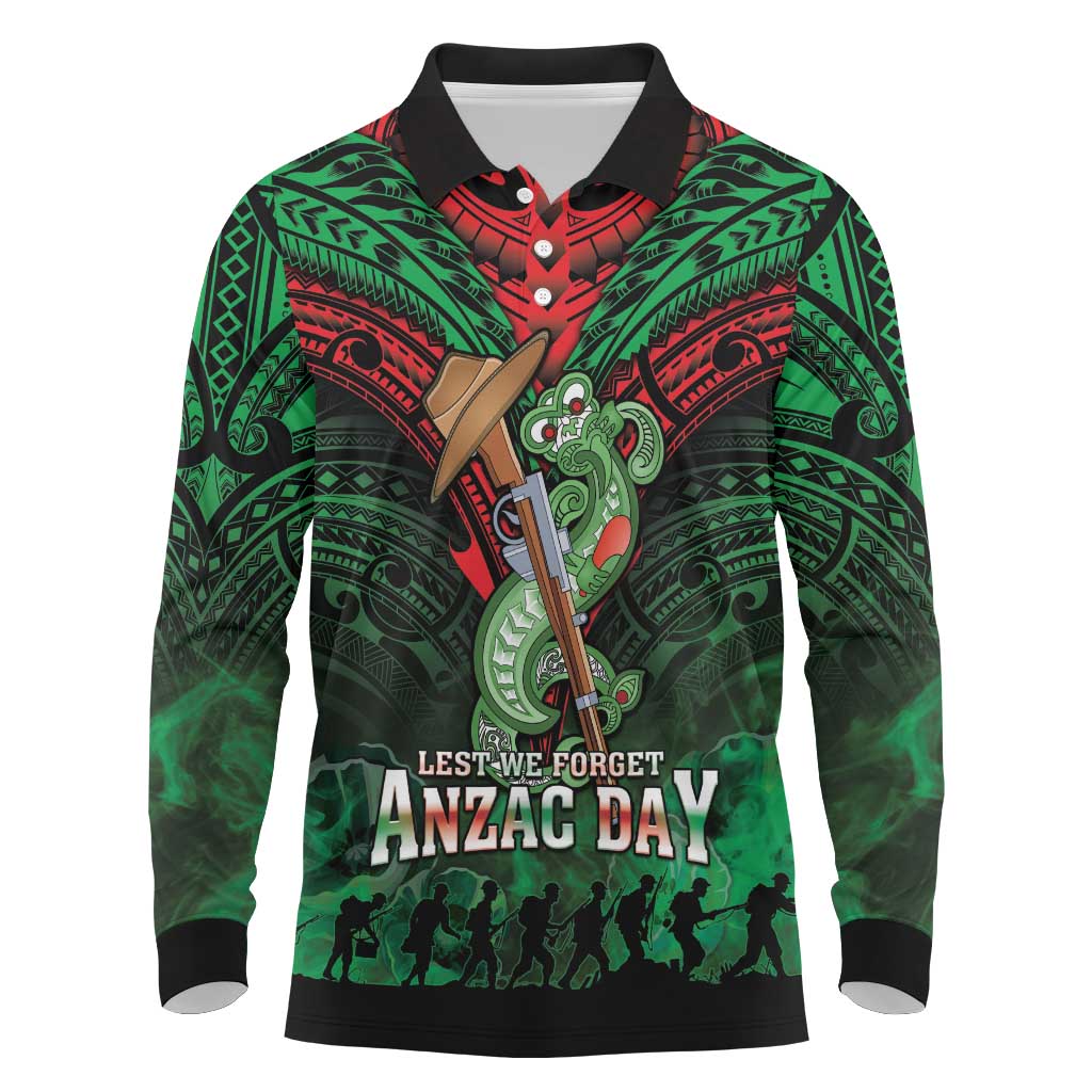 New Zealand ANZAC Day Long Sleeve Polo Shirt Aotearoa Hei Tiki LT05 Green - Polynesian Pride