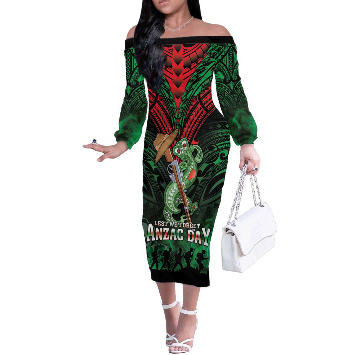 New Zealand ANZAC Day Off The Shoulder Long Sleeve Dress Aotearoa Hei Tiki LT05 Women Green - Polynesian Pride