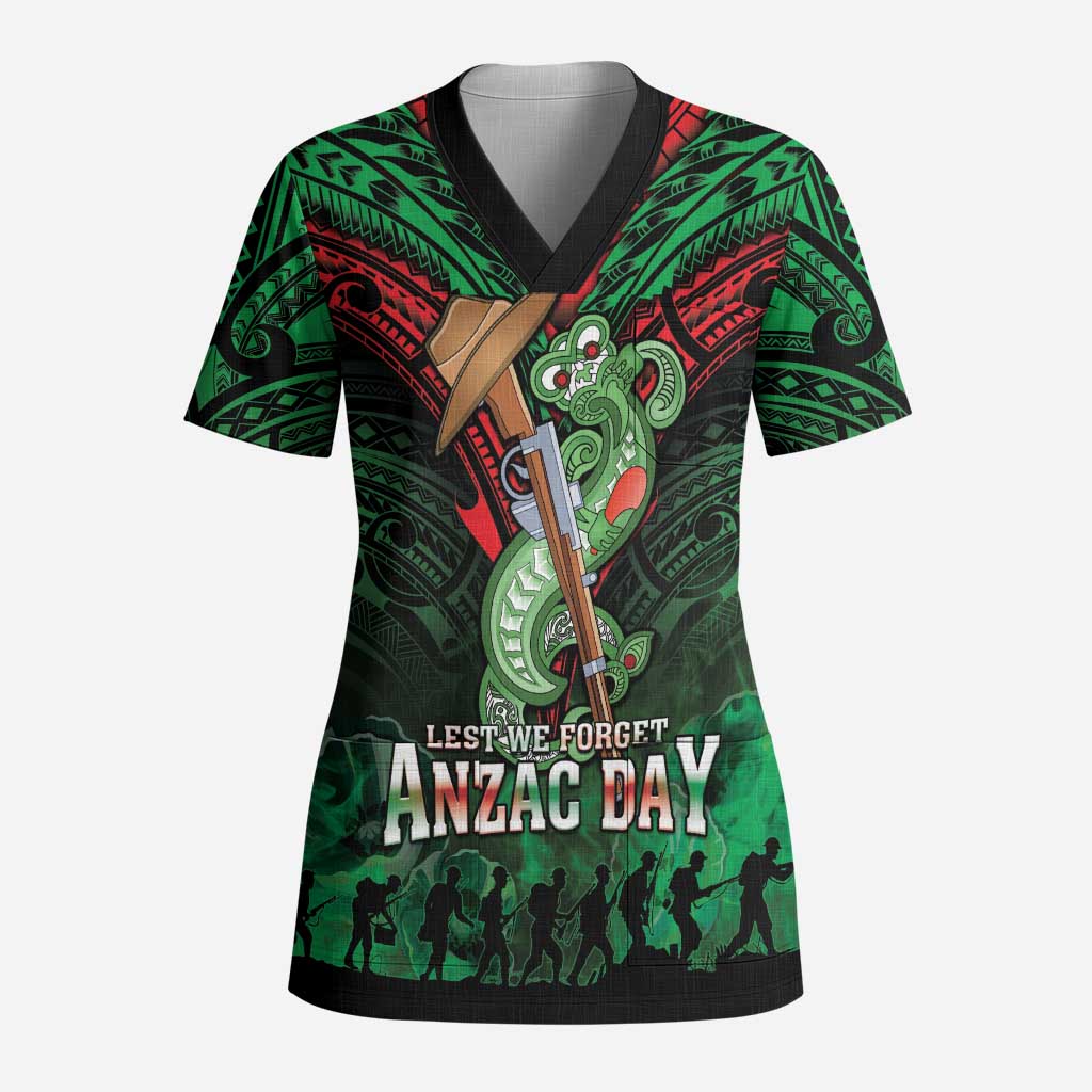 New Zealand ANZAC Day Scrub Top Aotearoa Hei Tiki LT05 Adult Green - Polynesian Pride