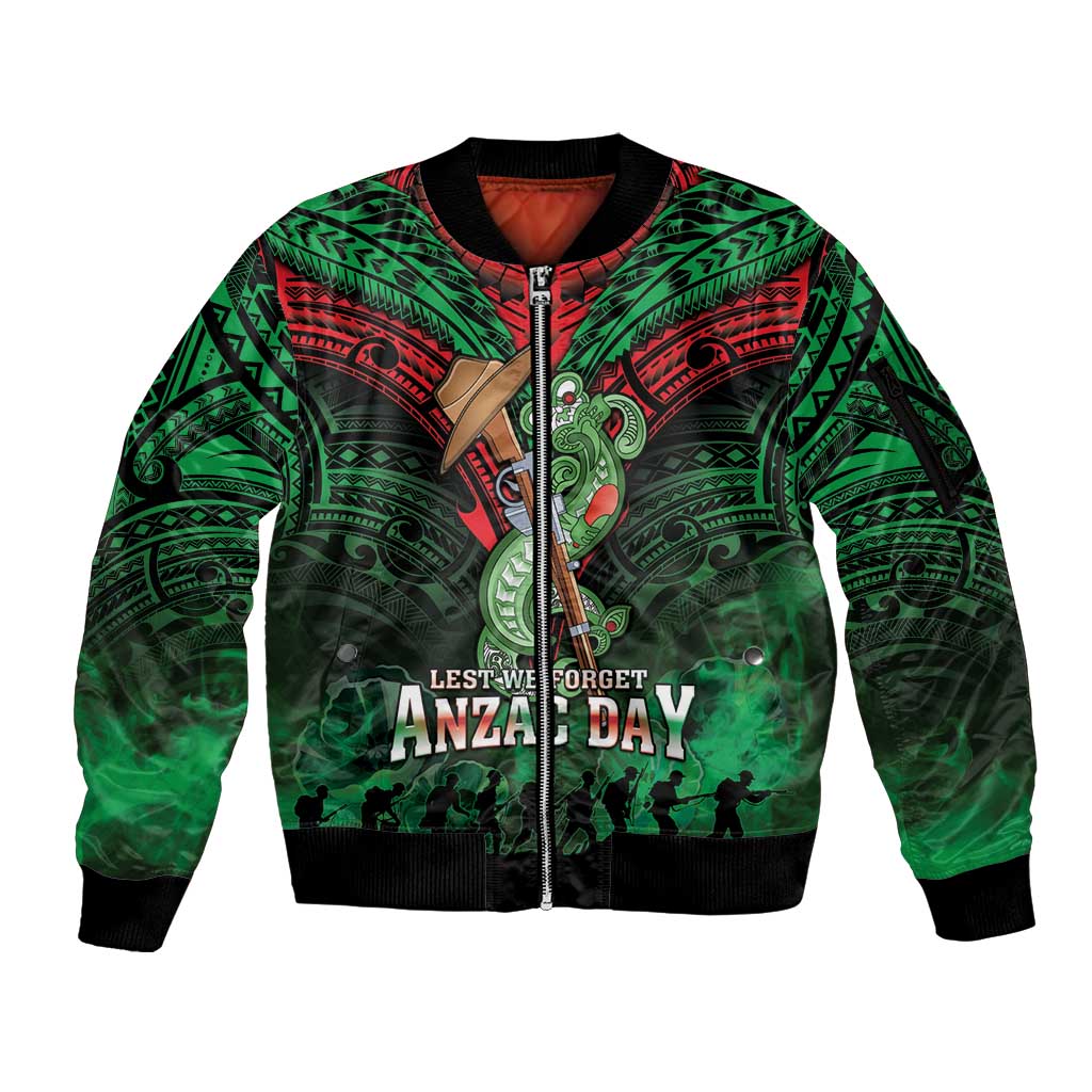 New Zealand ANZAC Day Sleeve Zip Bomber Jacket Aotearoa Hei Tiki LT05 Unisex Green - Polynesian Pride