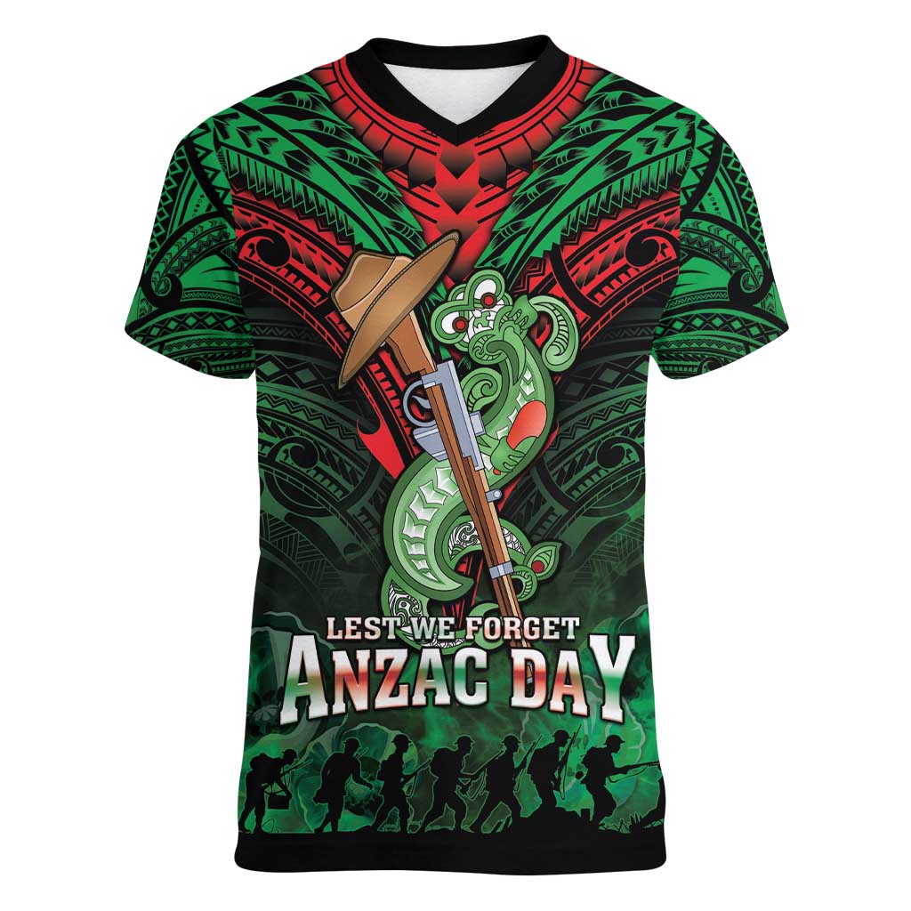 New Zealand ANZAC Day Women V-Neck T-Shirt Aotearoa Hei Tiki LT05 Female Green - Polynesian Pride