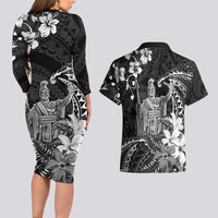 Hawaii King Kamehameha Day Couples Matching Long Sleeve Bodycon Dress and Hawaiian Shirt Polynesian Pattern Mix Hibiscus Black LT05 - Polynesian Pride