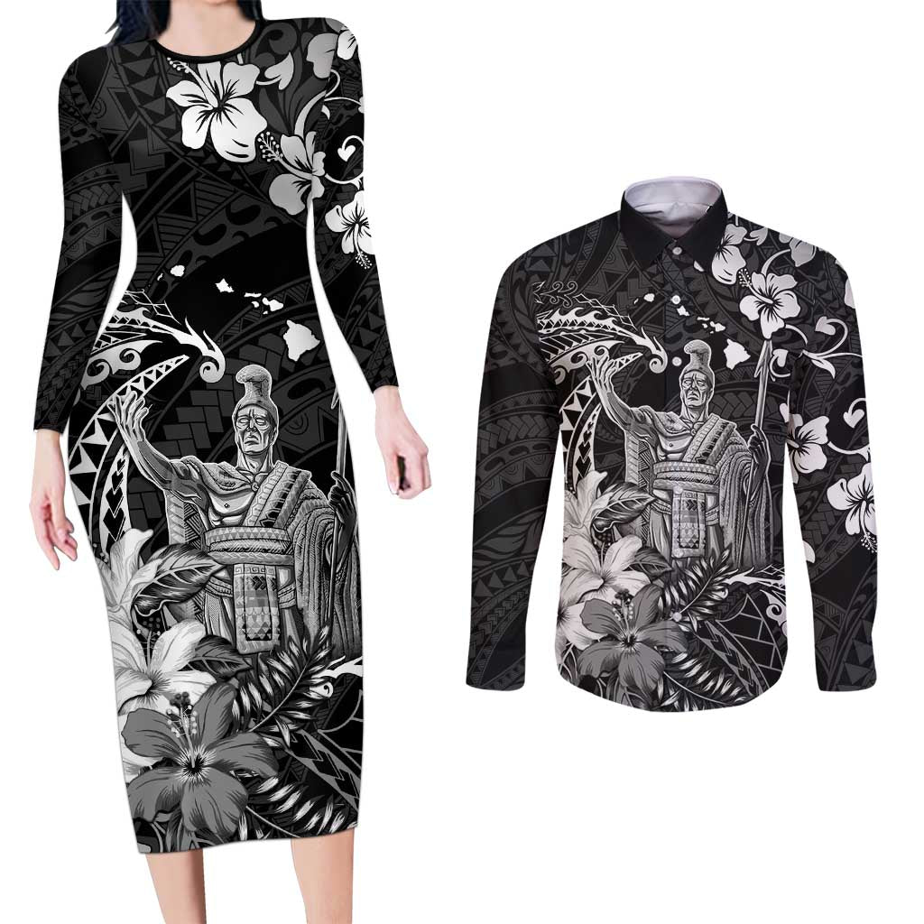 Hawaii King Kamehameha Day Couples Matching Long Sleeve Bodycon Dress and Long Sleeve Button Shirt Polynesian Pattern Mix Hibiscus Black LT05 Black - Polynesian Pride