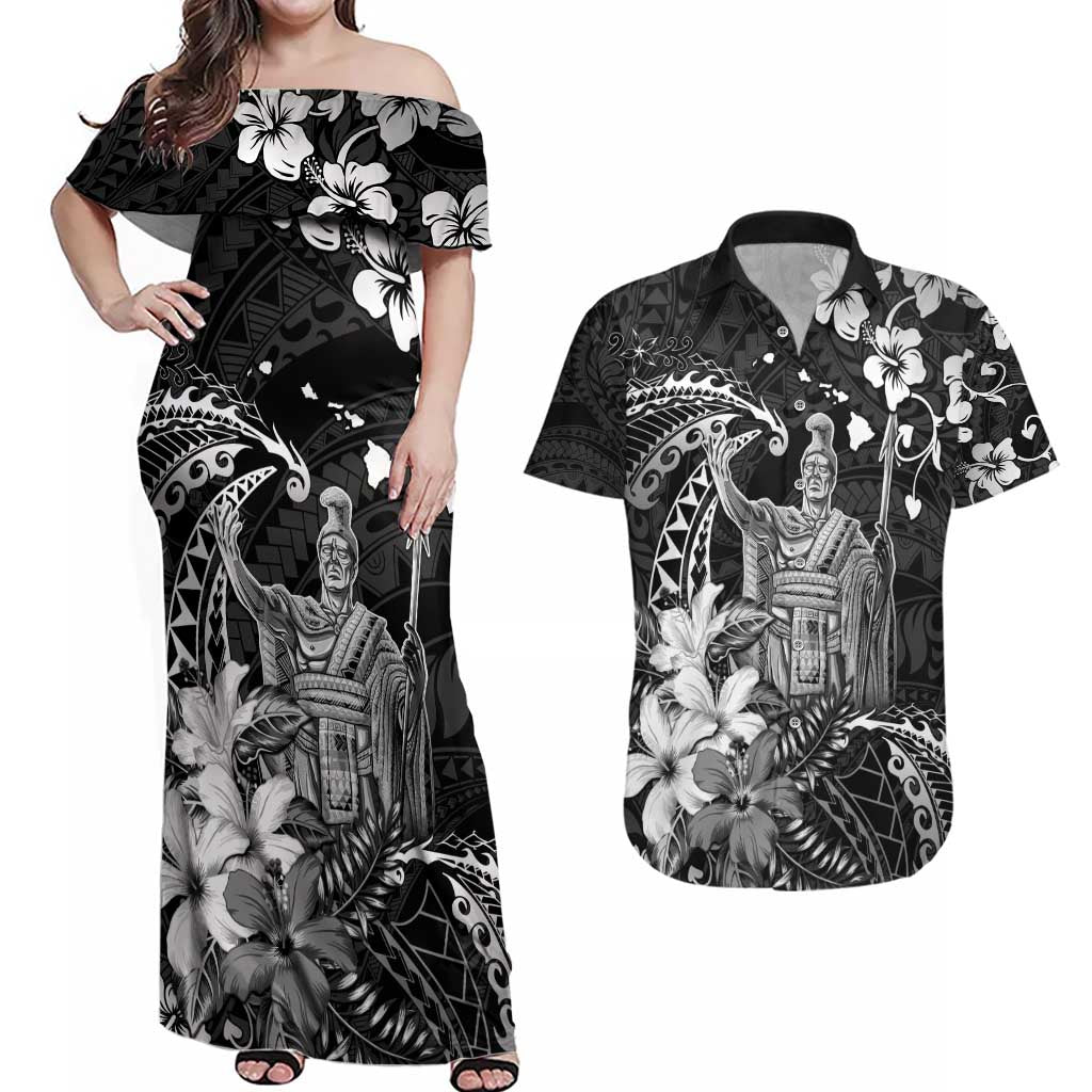 Hawaii King Kamehameha Day Couples Matching Off Shoulder Maxi Dress and Hawaiian Shirt Polynesian Pattern Mix Hibiscus Black LT05 Black - Polynesian Pride