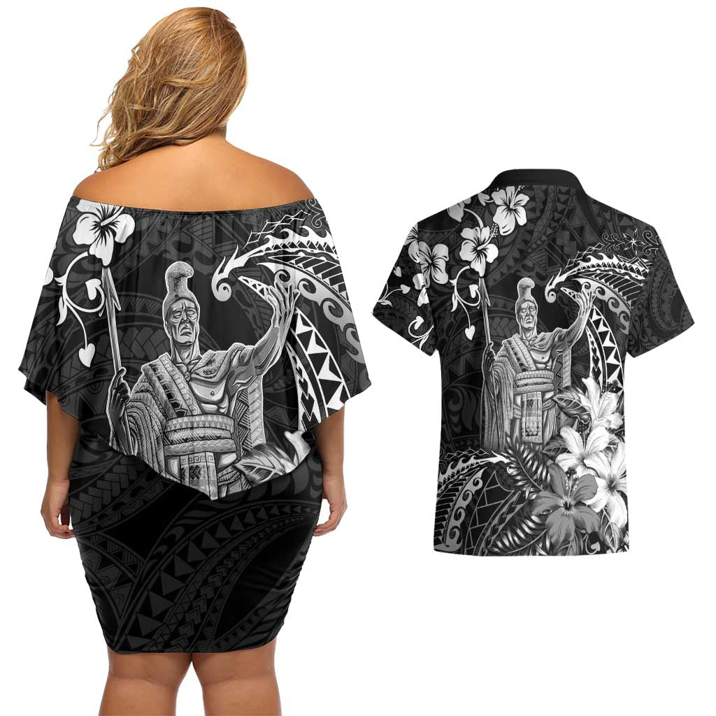 Hawaii King Kamehameha Day Couples Matching Off Shoulder Short Dress and Hawaiian Shirt Polynesian Pattern Mix Hibiscus Black LT05 - Polynesian Pride