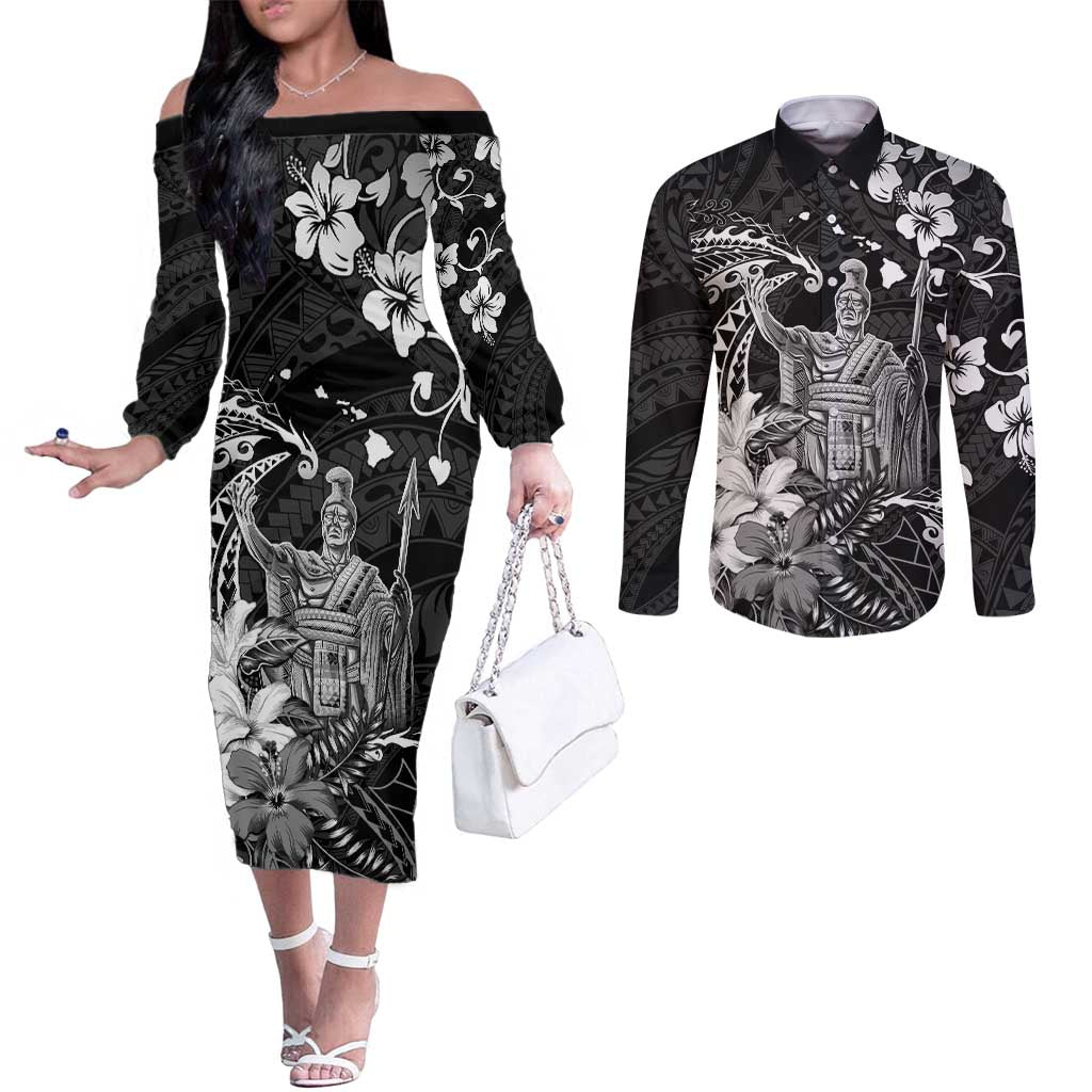 Hawaii King Kamehameha Day Couples Matching Off The Shoulder Long Sleeve Dress and Long Sleeve Button Shirt Polynesian Pattern Mix Hibiscus Black LT05 Black - Polynesian Pride