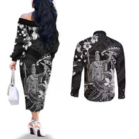 Hawaii King Kamehameha Day Couples Matching Off The Shoulder Long Sleeve Dress and Long Sleeve Button Shirt Polynesian Pattern Mix Hibiscus Black LT05 - Polynesian Pride