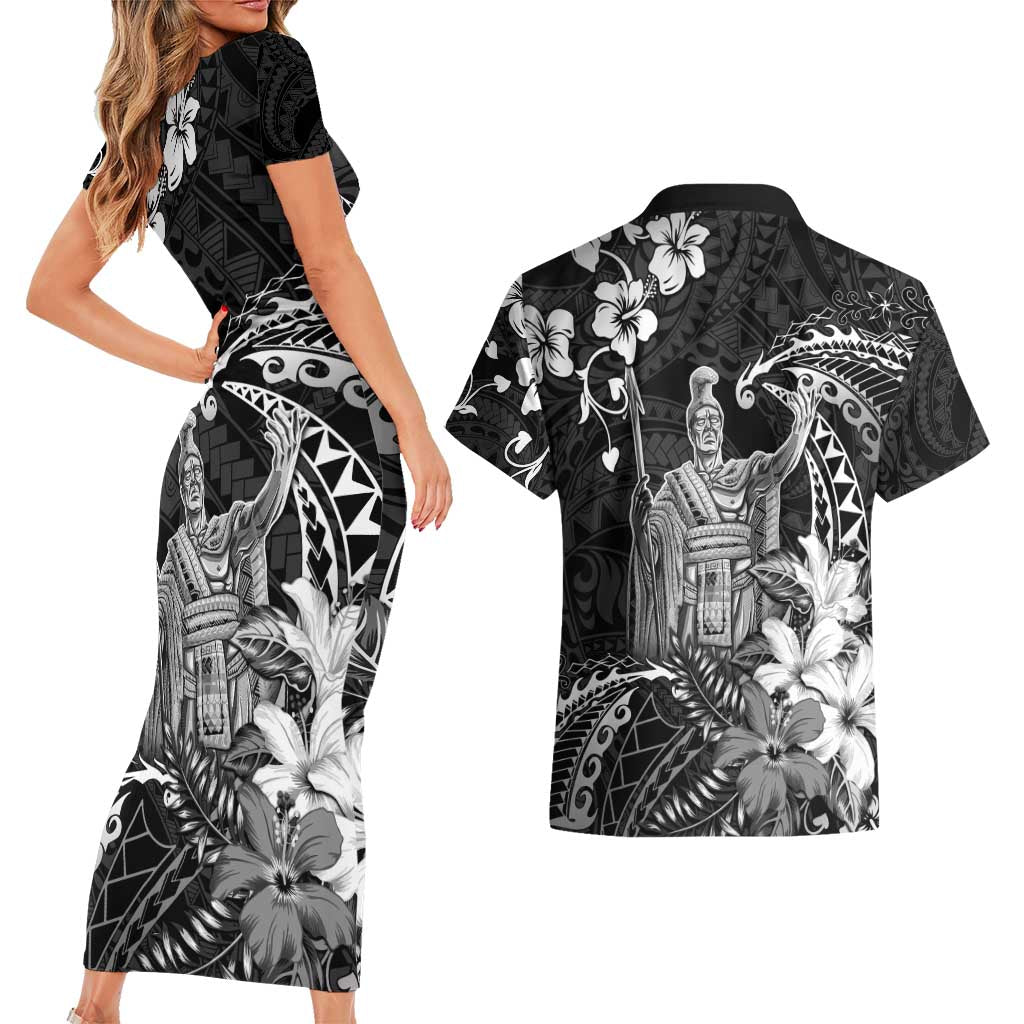 Hawaii King Kamehameha Day Couples Matching Short Sleeve Bodycon Dress and Hawaiian Shirt Polynesian Pattern Mix Hibiscus Black LT05 - Polynesian Pride
