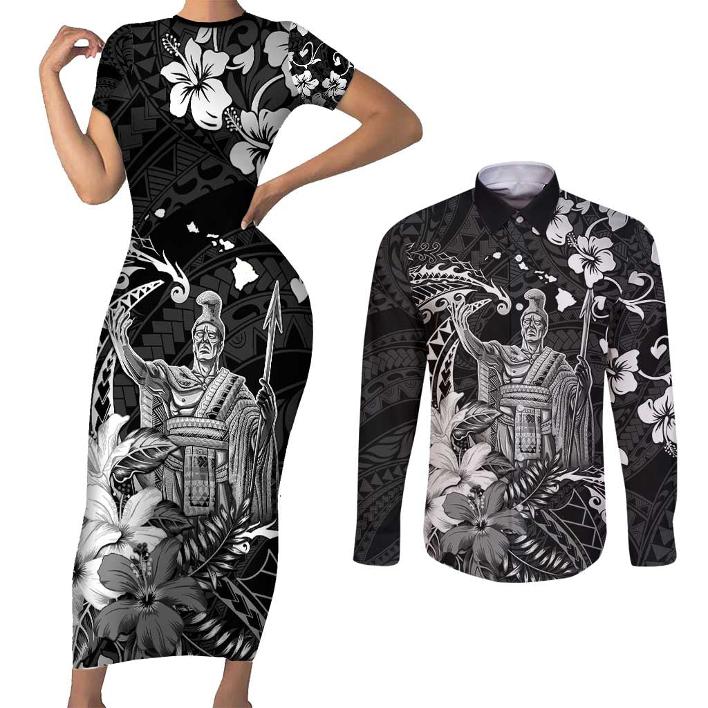 Hawaii King Kamehameha Day Couples Matching Short Sleeve Bodycon Dress and Long Sleeve Button Shirt Polynesian Pattern Mix Hibiscus Black LT05 Black - Polynesian Pride