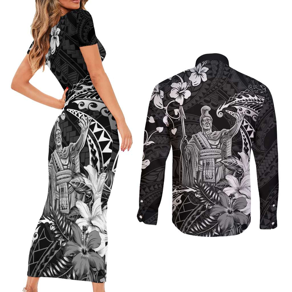 Hawaii King Kamehameha Day Couples Matching Short Sleeve Bodycon Dress and Long Sleeve Button Shirt Polynesian Pattern Mix Hibiscus Black LT05 - Polynesian Pride