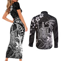Hawaii King Kamehameha Day Couples Matching Short Sleeve Bodycon Dress and Long Sleeve Button Shirt Polynesian Pattern Mix Hibiscus Black LT05 - Polynesian Pride