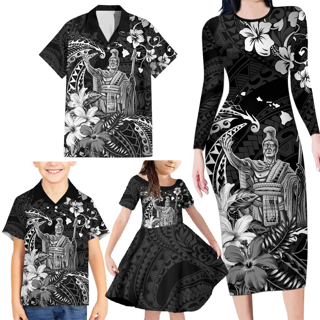 Hawaii King Kamehameha Day Family Matching Long Sleeve Bodycon Dress and Hawaiian Shirt Polynesian Pattern Mix Hibiscus Black LT05 - Polynesian Pride