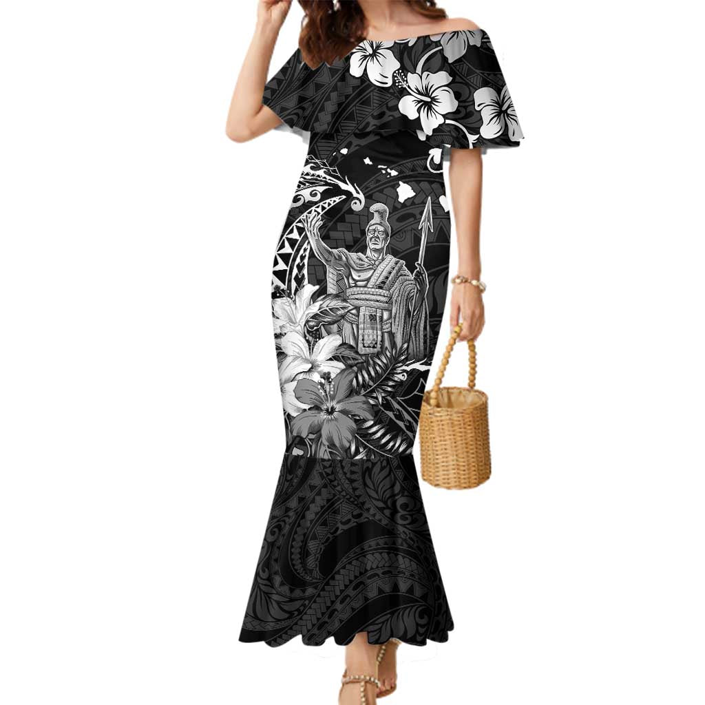 Hawaii King Kamehameha Day Family Matching Mermaid Dress and Hawaiian Shirt Polynesian Pattern Mix Hibiscus Black LT05 Mom's Dress Black - Polynesian Pride