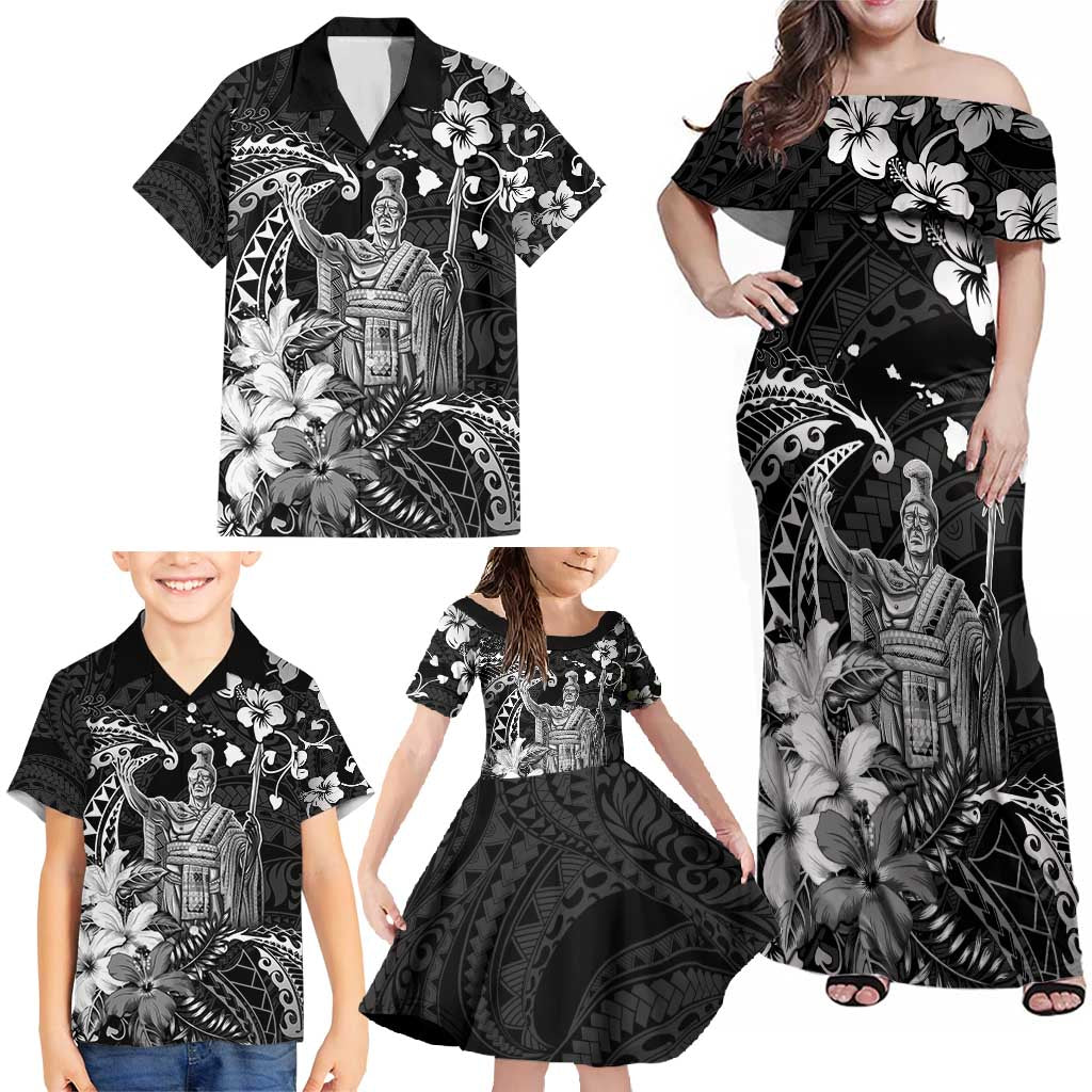 Hawaii King Kamehameha Day Family Matching Off Shoulder Maxi Dress and Hawaiian Shirt Polynesian Pattern Mix Hibiscus Black LT05 - Polynesian Pride